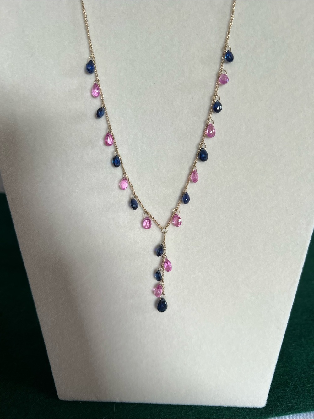 Vintage 10k Solid Gold Pink & Blue Sapphire Briolette Necklace and Earrings Set - Picture 3 of 14